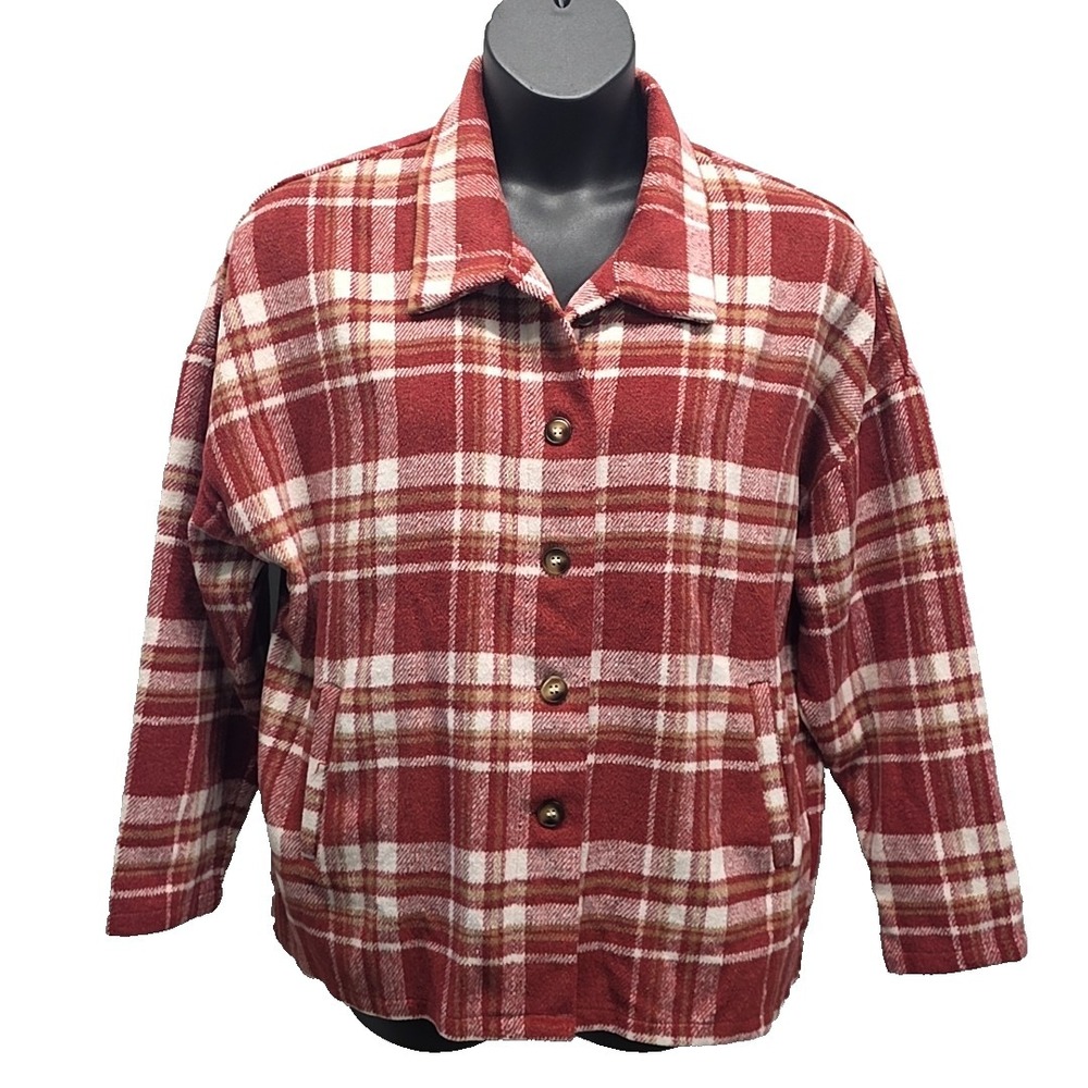 Andrée by Unit Red Plaid Shacket‎ Jacket Button Front sz L Cozy Cabincore